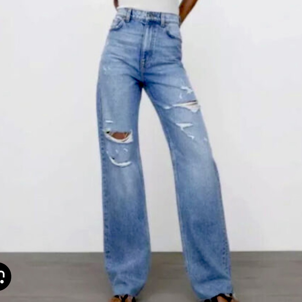 Zara ripped straight leg the 90s full length high waisted jeans